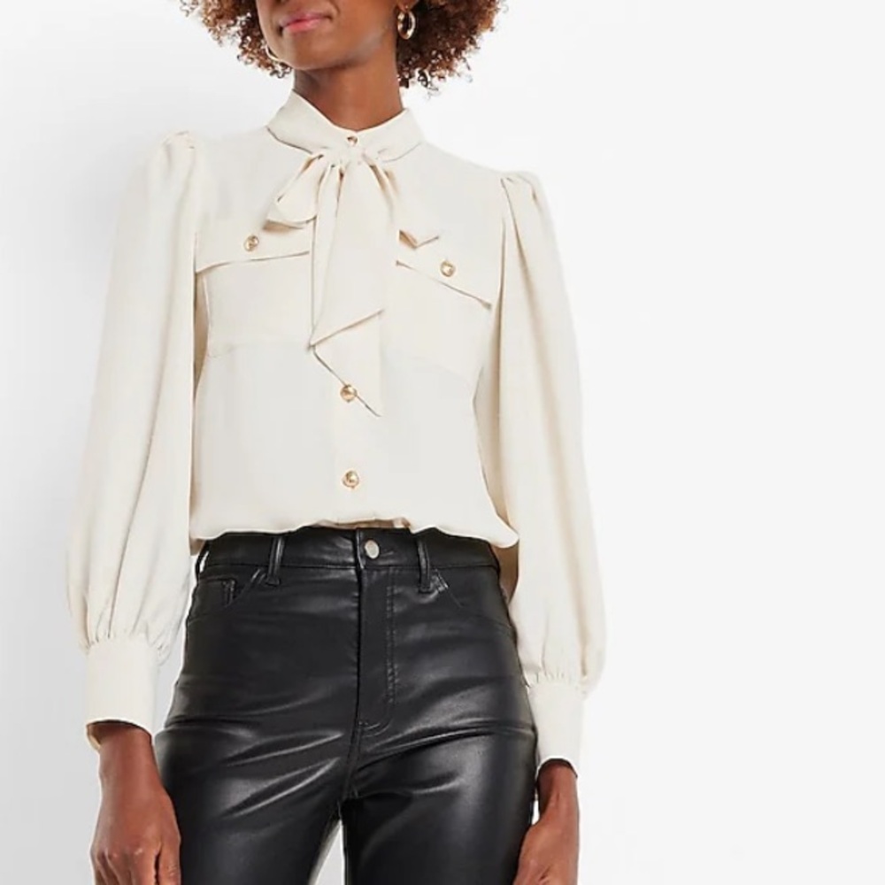 NWT Express Relaxed Balloon Sleeve Novelty Button Tie Neck Portofino Shirt Swan